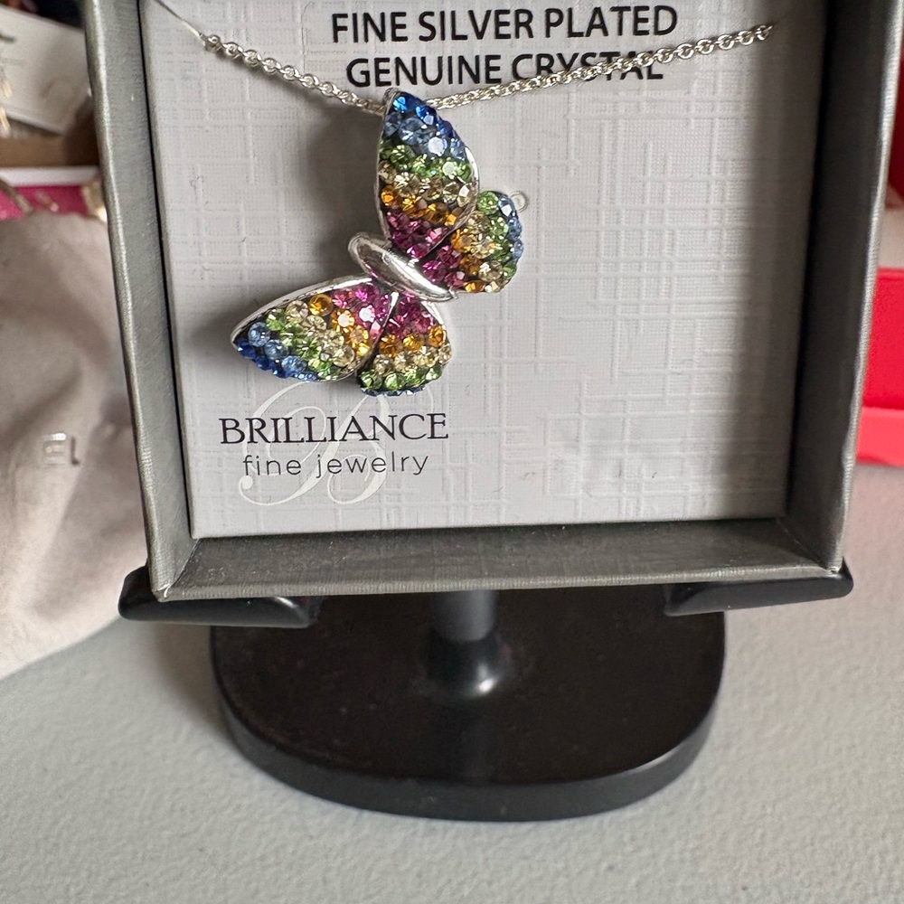 Silver Butterfly Necklace with Multicolor Crystals